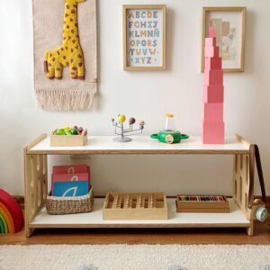 mueble bajo inspirado en pedagogia montessori - habitacion montessori - irqichay - muebles para juguetes - mueble organizador
